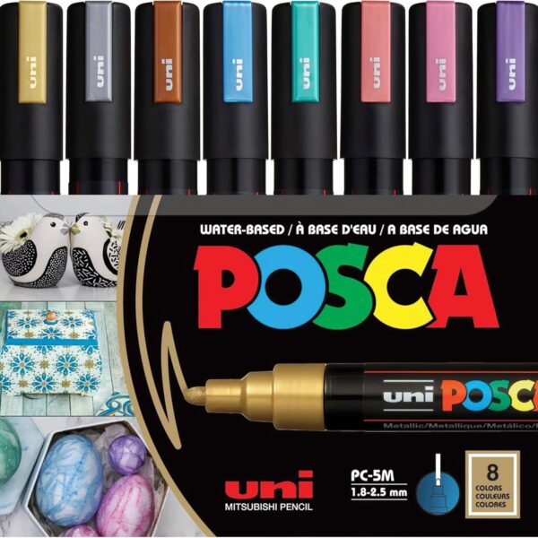 Posca Markers Set, 8 Medium Paint Markers 5M – Metallic Tones – Gold, Silver, Bronze, Metallic Blue, Metallic Green, Metallic Red, Metallic Pink, Metallic Violet