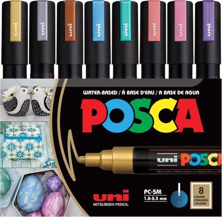 Posca Markers Set, 8 Medium Paint Markers 5M – Metallic Tones – Gold, Silver, Bronze, Metallic Blue, Metallic Green, Metallic Red, Metallic Pink, Metallic Violet