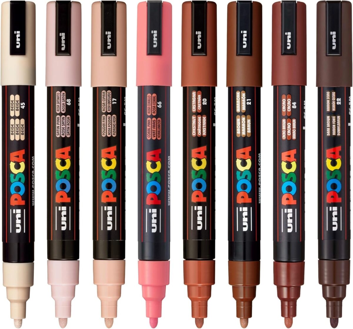 Posca Markers Set, 8 Medium Paint Markers 5M – Portrait Tones – Beige, Satin Pink, Powder Pink, Coral Pink, Chestnut, Brown, Cacao Brown, Dark Brown