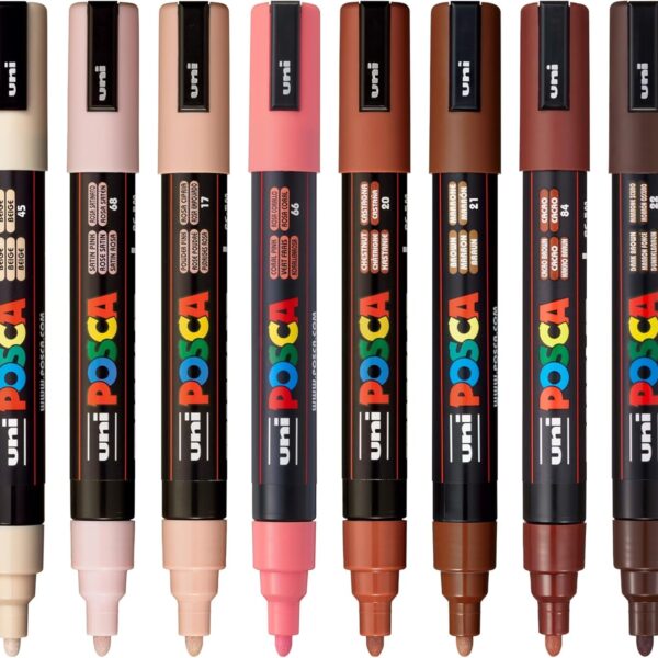 Posca Markers Set, 8 Medium Paint Markers 5M – Portrait Tones – Beige, Satin Pink, Powder Pink, Coral Pink, Chestnut, Brown, Cacao Brown, Dark Brown