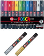 Uni-Posca Paint Marker SPECIAL SET (A) , Mitsubishi Pencil, Poster Colour Marking Pens Extra Fine Point 12 Colours (PC-1M12C) , Gold and Silver