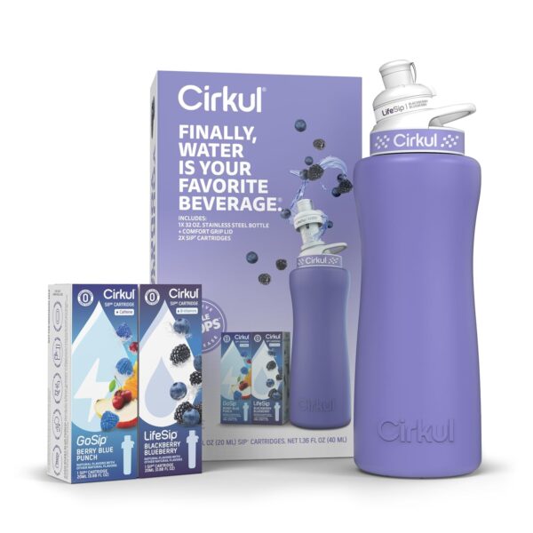 Cirkul 32Oz. Matte Periwinkle Stainless Steel Water Bottle Starter Kit with Periwinkle Lid, 2 Flavor Cartridges (1 Lifesip Blackberry Blueberry, 1 Gosip Berry Blue Punch) Zero Calories and No Sugar