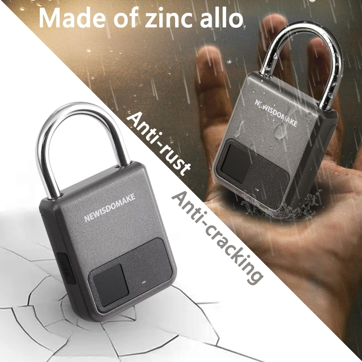 Fingerprint Padlock, Smart Padlock with USB Charging Support, Fingerprint Lock, Biometric Lock Suitable for Luggage, Bookcase, Suitcase, Backpack, Bike, School Locker, Gym Locker Lock(Gray)