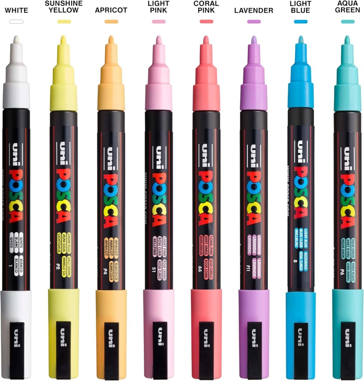 Posca Markers Set, 8 Fine Paint Markers 3M – Soft Tones – White, Sunshine Yellow, Apricot, Light Pink, Coral Pink, Lavender, Light Blue, Aqua Green