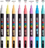 Posca Markers Set, 8 Fine Paint Markers 3M – Soft Tones – White, Sunshine Yellow, Apricot, Light Pink, Coral Pink, Lavender, Light Blue, Aqua Green