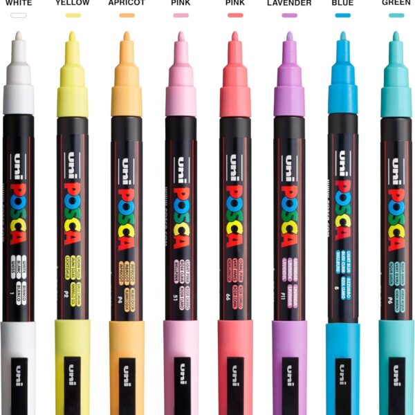 Posca Markers Set, 8 Fine Paint Markers 3M – Soft Tones – White, Sunshine Yellow, Apricot, Light Pink, Coral Pink, Lavender, Light Blue, Aqua Green