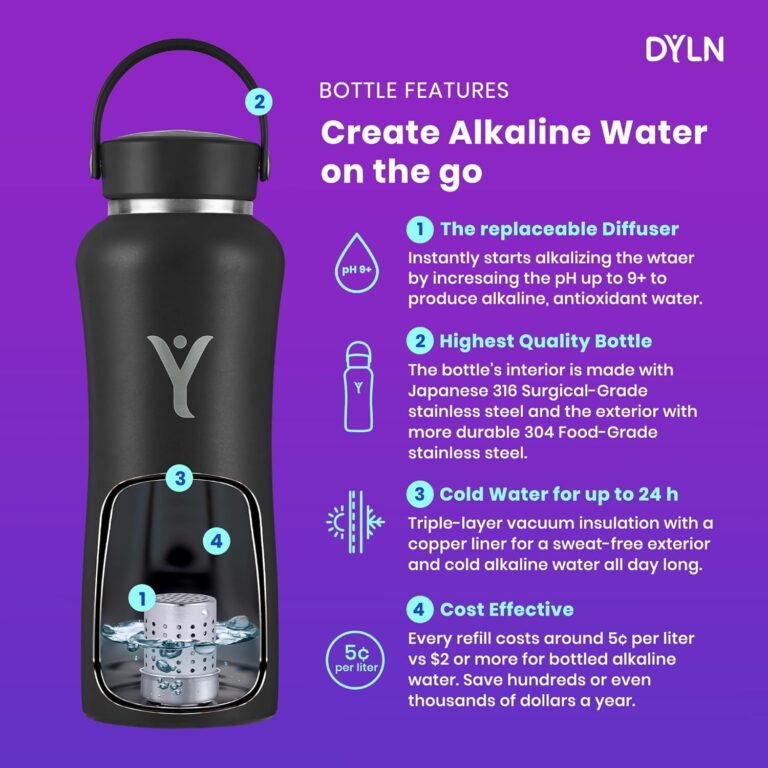 DYLN Alkaline Water Bottle | Portable Hydrogen Water Bottle Creates Hydrogen-Rich Water up to 9.5 Ph | Vacuum Insulated Stainless Steel Keeps Water Cold for 24 Hours