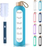 PROBTTL 32 Oz Borosilicate Glass Water Bottle with Time Marker Reminder Quotes, 1 Liter Leak Proof Reusable BPA Free Motivational Water Bottles with Silicone Sleeve and Bamboo Lid (White)