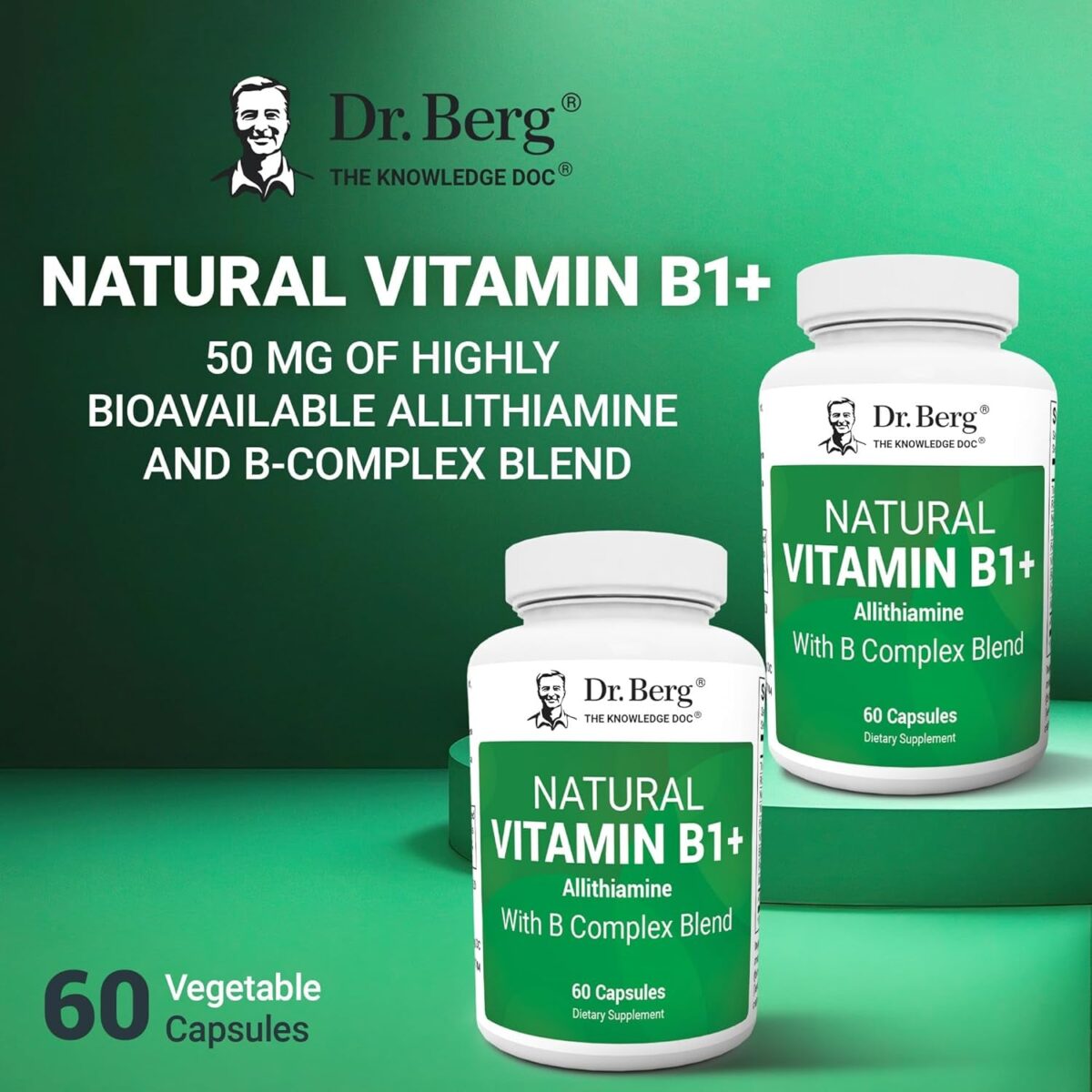 Dr. Berg Natural Vitamin B1 B6 B12 Complex - Allithiamine Vitamin B1 Supplement with 8 Essential Vitamin B Complex for Men & Women Including Thiamin, Niacin, Folate, Magnesium & More - 60 Capsules