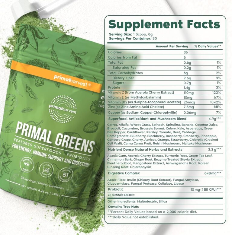 Primal Harvest Super Greens Powder, 30 Servings W/+50 Greens Superfood Chlorella, Probiotics, Green Tea, Wheatgrass, Kale, Turmeric for Energy,Primal Greens