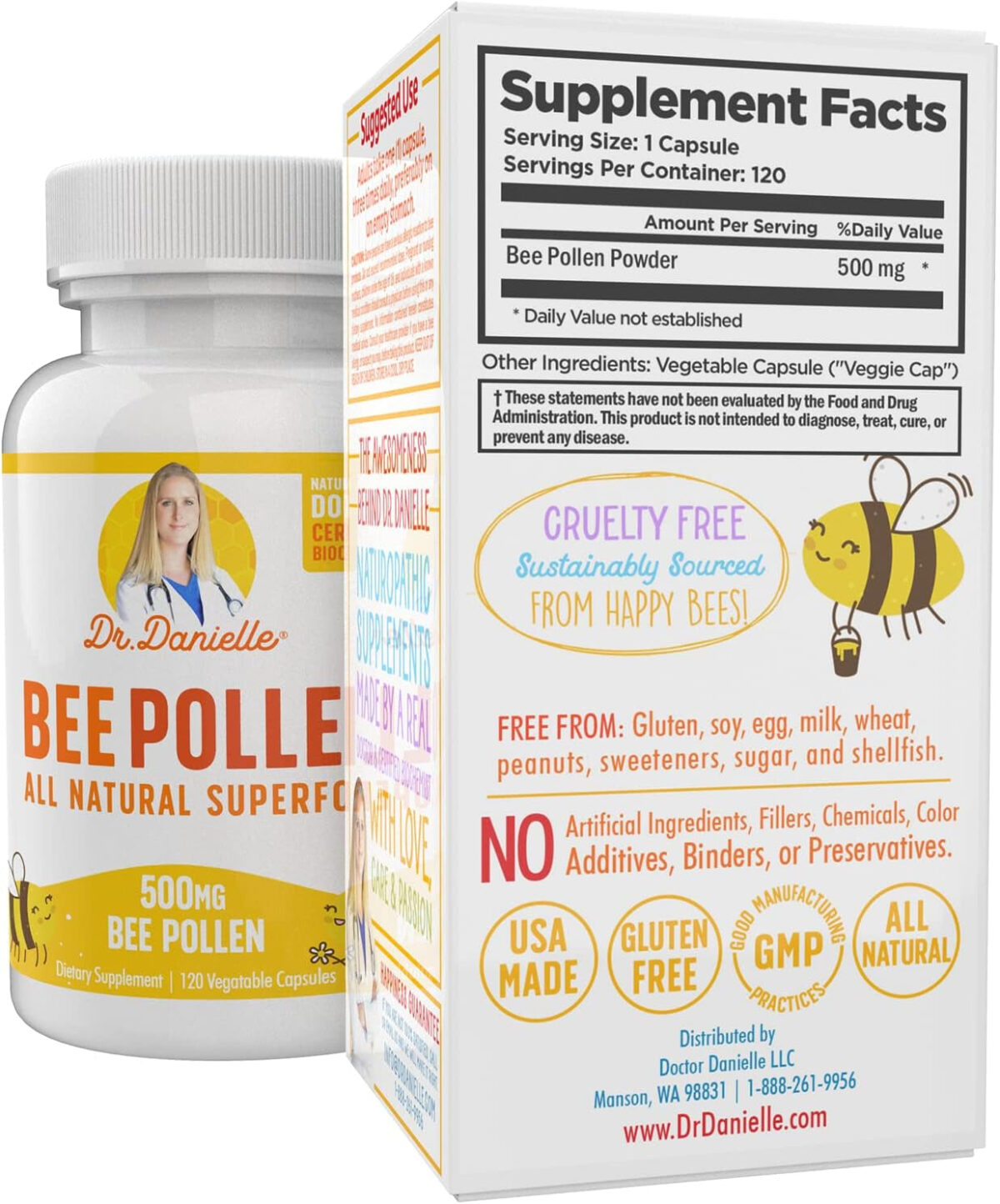 Bee Pollen from Dr. Danielle, Natural Bee Pollen Supplement, 500Mg, 120 Veggie Capsules