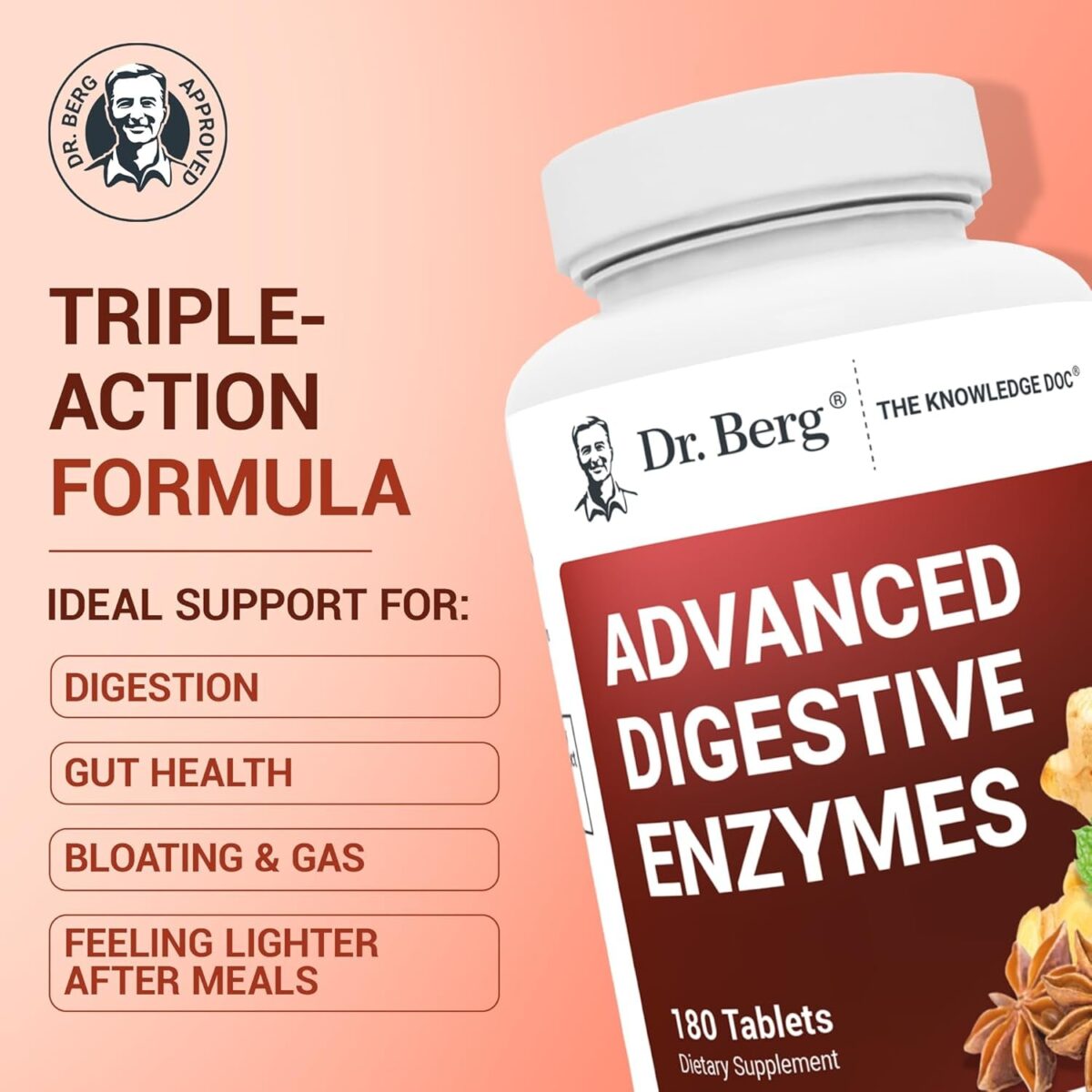 Dr. Berg Advanced Digestive Enzymes with Apple Cider Vinegar - Includes Digestive Health Ingredients like Betaine Hydrochloride (HCI), Ginger Root & Peppermint Leaf - 180 Tablets