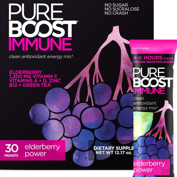 Pureboost Immune Clean Energy Booster, Refreshing Energy Drink Mix and Immunity Supplement with Elderberry, 1,200 Mg Vitamin C, Vitamins a + D, and Zinc. Sugar-Free Energy (Elderberry Power, 30 Count)