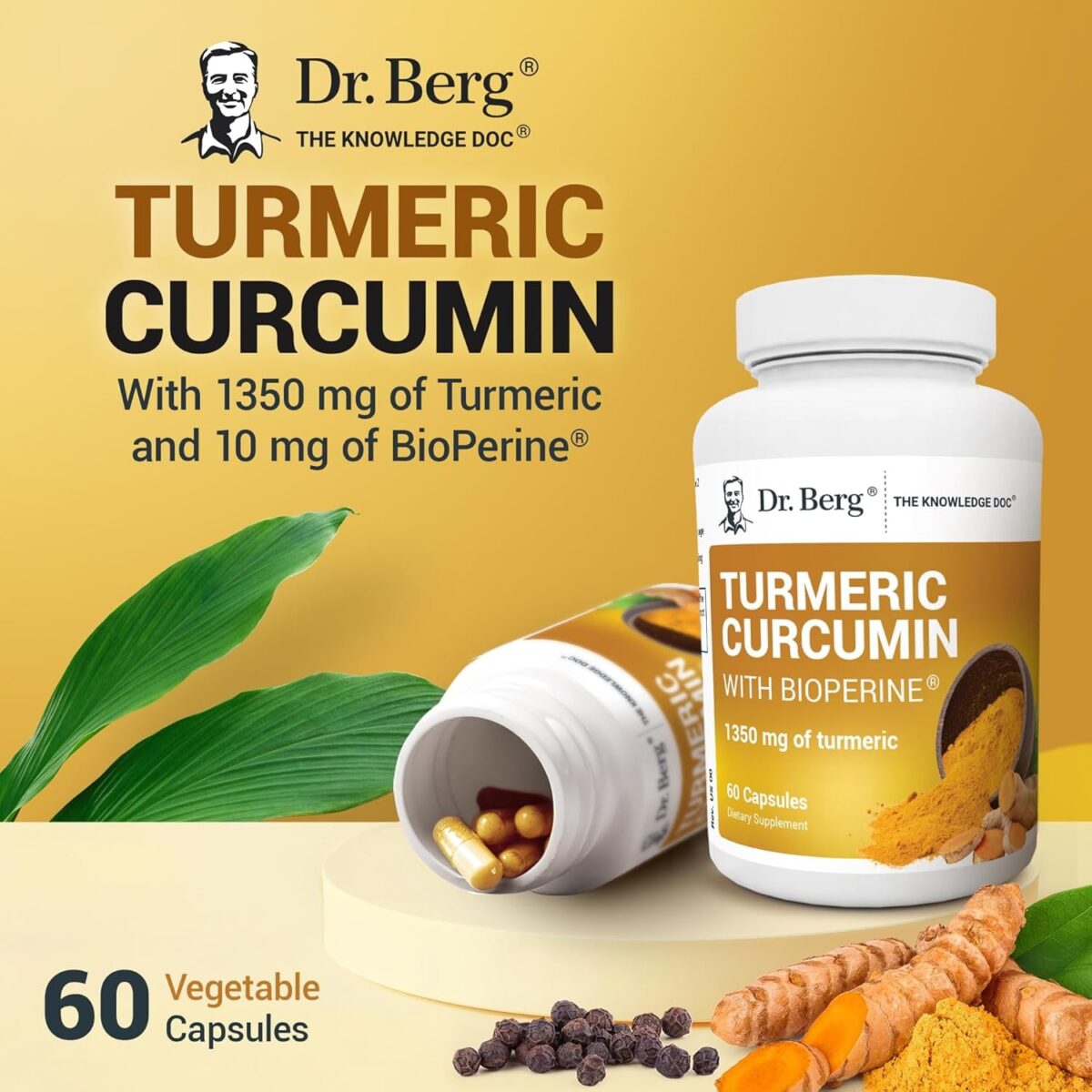 Dr. Berg (Only 2 per Day) Turmeric Supplement with Black Pepper (Bioperine) - 1350 Mg Turmeric Curcumin Supplement with 95% Curcuminoids – Turmeric Curcumin with Black Pepper – 60 Turmeric Capsules