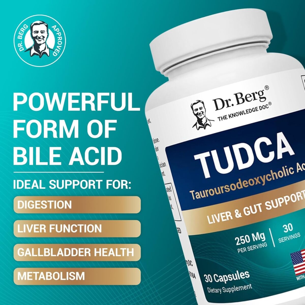 Dr. Berg TUDCA Supplement (Tauroursodeoxycholic Acid) - Powerful Formula for Liver Health, Bile Flow, Gallbladder Support, and Digestive Health* - 30 Capsules