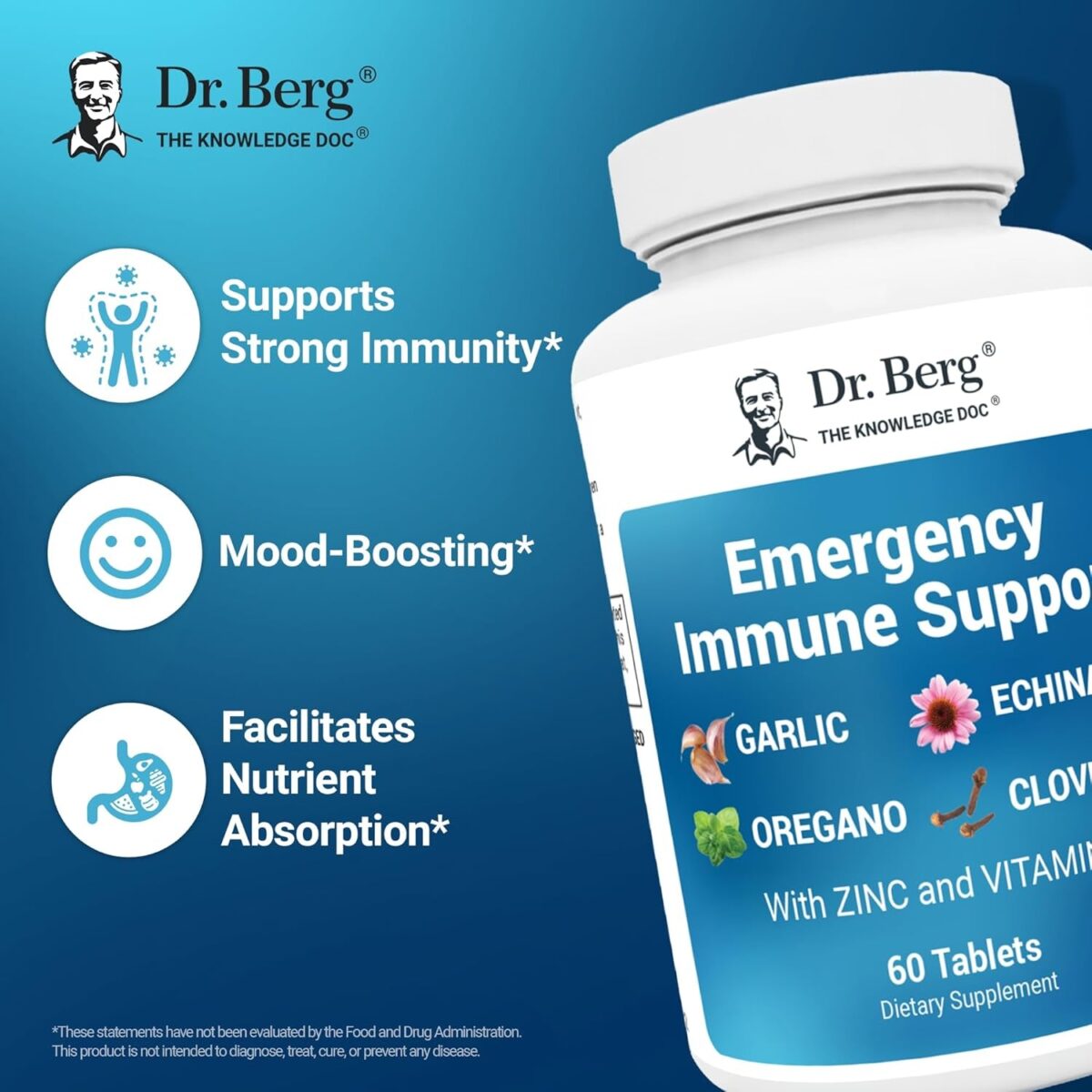 Dr. Berg Emergency Immune Support W/Echinacea - Potent Blend of Herbal Extracts (Warning: Strong Herbal Smells) - Immune Support Supplement Includes 2,000 Ius of Vitamin D & 10Mg of Zinc - 60 Tablets