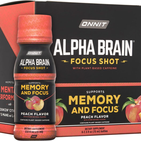 ONNIT Alpha Brain Focus Energy Shot Supplement - Energy, Focus, Mood, Stress, Brain Booster Drink - Peach (2.5 Fl Oz, 6 Ct)