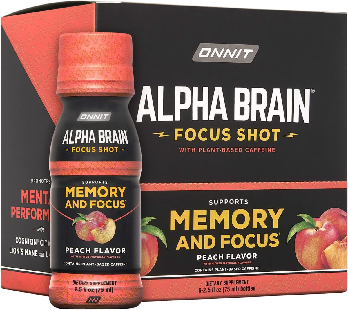 ONNIT Alpha Brain Focus Energy Shot Supplement - Energy, Focus, Mood, Stress, Brain Booster Drink - Peach (2.5 Fl Oz, 6 Ct)