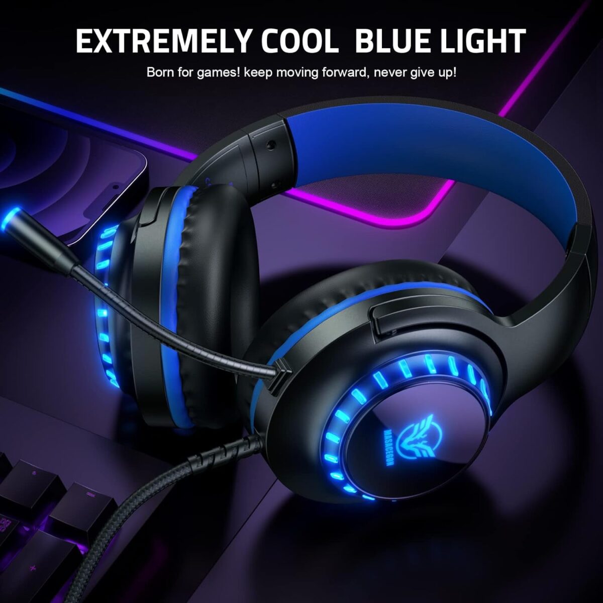 Pacrate Gaming Headset for Ps5/Ps4/Xbox One/Nintendo Switch/Pc/Mac, PS5 Headset with Microphone Xbox Headset with LED Lights, Noise Cancelling PS4 Headset for Kids Adults - Blue