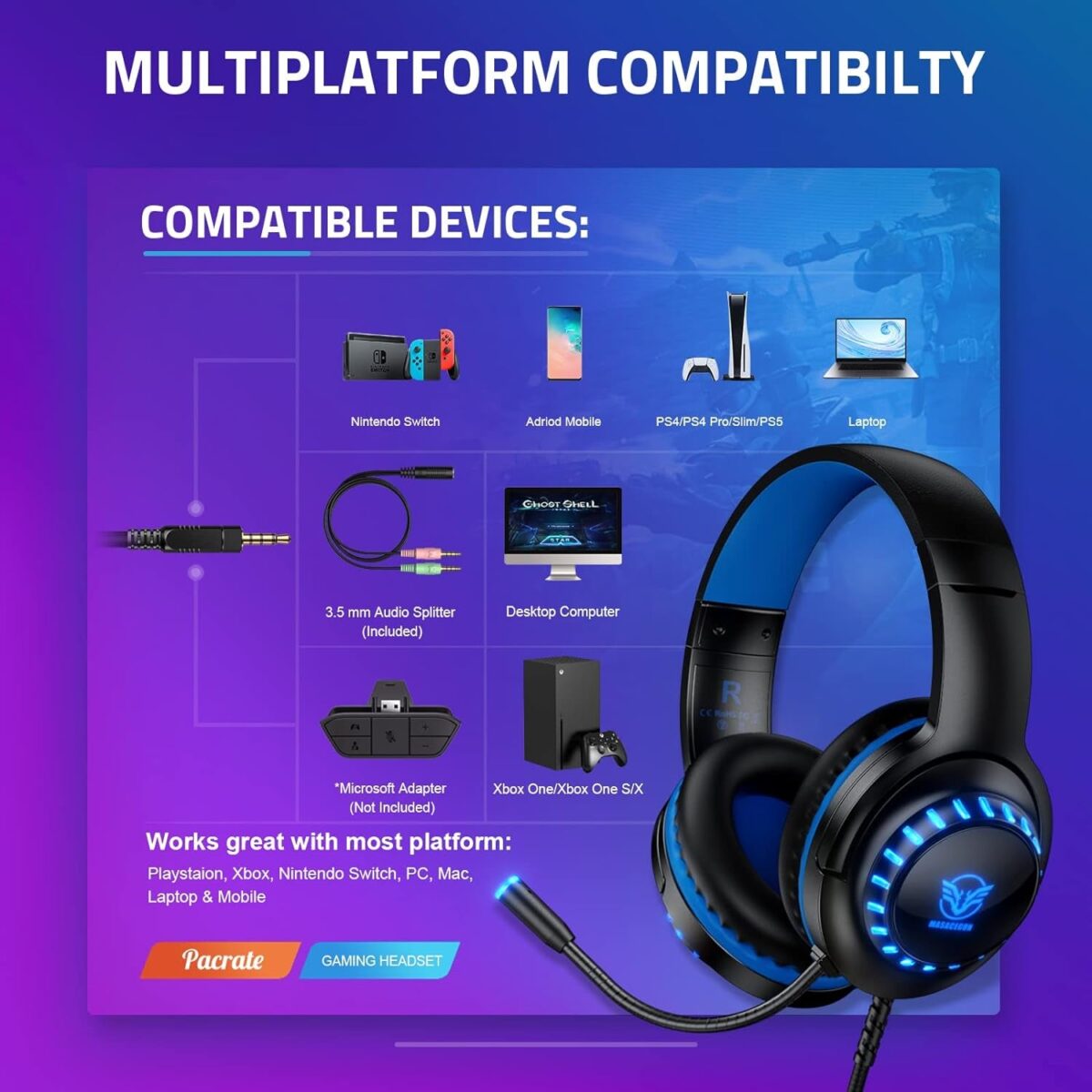 Pacrate Gaming Headset for Ps5/Ps4/Xbox One/Nintendo Switch/Pc/Mac, PS5 Headset with Microphone Xbox Headset with LED Lights, Noise Cancelling PS4 Headset for Kids Adults - Blue