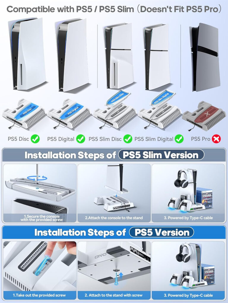 PS5 / PS5 Slim Stand and Cooling Station with LED Controller Charging Station for Playstation 5 Console, PS5 Controller Charger, PS5 / PS5 Slim Accessories with 3 Level Cooling Fan