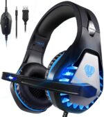 Gaming Headset with Microphone for PC PS4 PS5 Headset Noise Cancelling Gaming Headphones for Laptop Mac Switch Xbox One Headset with LED Lights Deep Bass for Kids Adults Deep Black