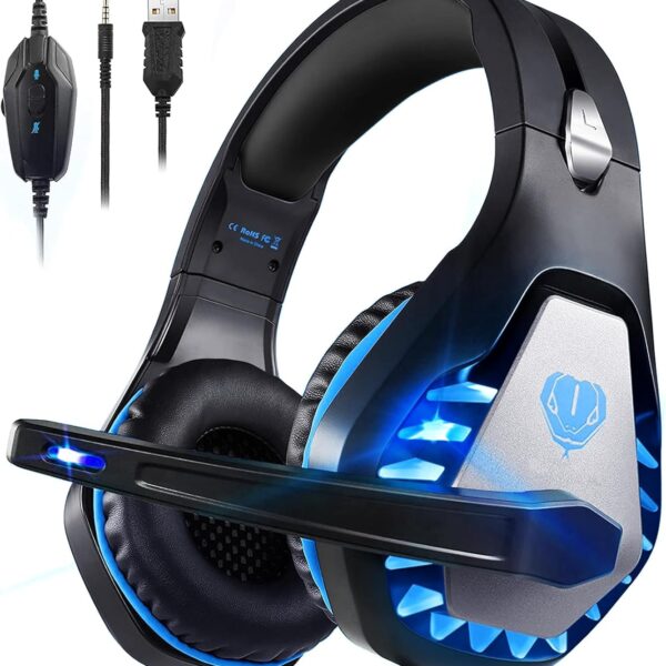 Gaming Headset with Microphone for PC PS4 PS5 Headset Noise Cancelling Gaming Headphones for Laptop Mac Switch Xbox One Headset with LED Lights Deep Bass for Kids Adults Deep Black