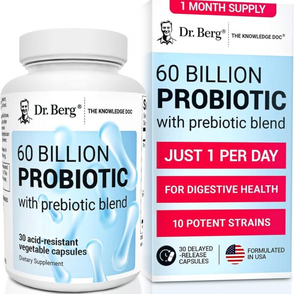 Dr. Berg 60 Billion Probiotic Supplement - Supports Occasional Constipation, Diarrhea, Gas & Bloating* - Pre and Probiotics for Digestive Health - 30 Probiotic Capsules