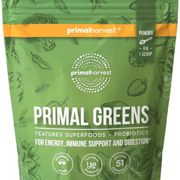 Primal Harvest Super Greens Powder, 30 Servings W/+50 Greens Superfood Chlorella, Probiotics, Green Tea, Wheatgrass, Kale, Turmeric for Energy,Primal Greens