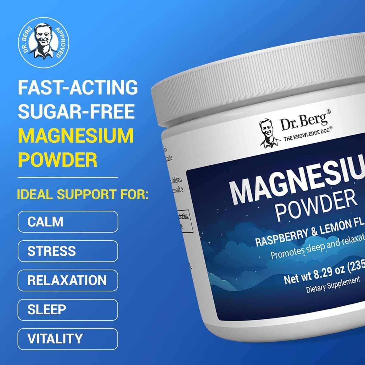 Dr. Berg Magnesium Glycinate Powder for Sleep, Relaxation, & Stress Relief - Raspberry & Lemon Flavor (50 Servings) Magnesium Powder - Magnesium Drink Powder, Ideal for Bedtime Support & Calming