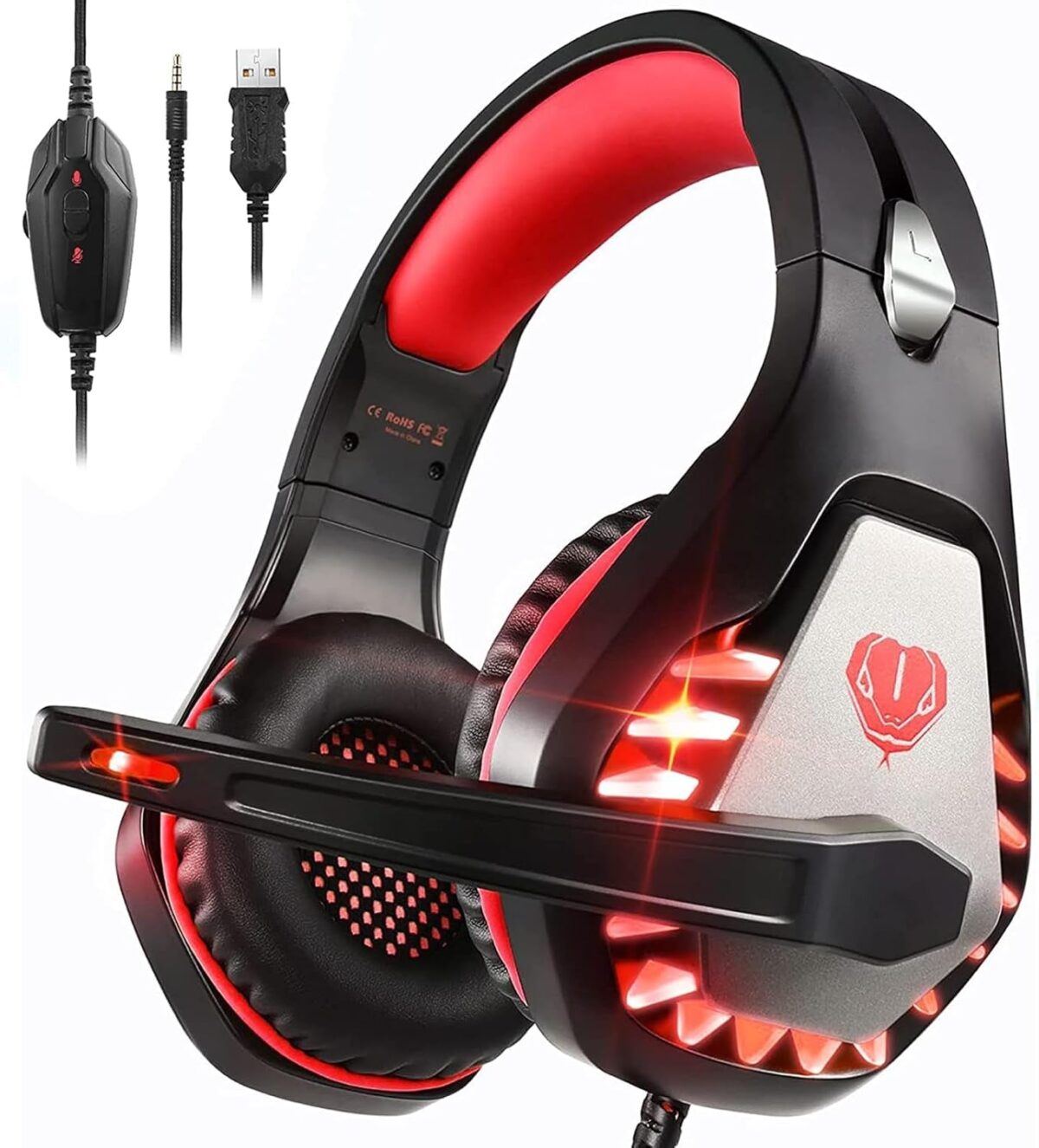 Gaming Headset with Microphone for PC PS4 PS5 Headset Noise Cancelling Gaming Headphones for Laptop Mac Switch Xbox One Headset with LED Lights Deep Bass for Kids Adults Deep Black