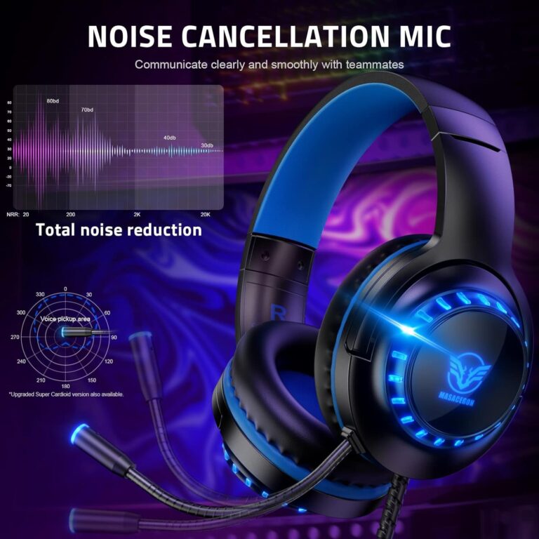 Pacrate Gaming Headset for Ps5/Ps4/Xbox One/Nintendo Switch/Pc/Mac, PS5 Headset with Microphone Xbox Headset with LED Lights, Noise Cancelling PS4 Headset for Kids Adults - Blue