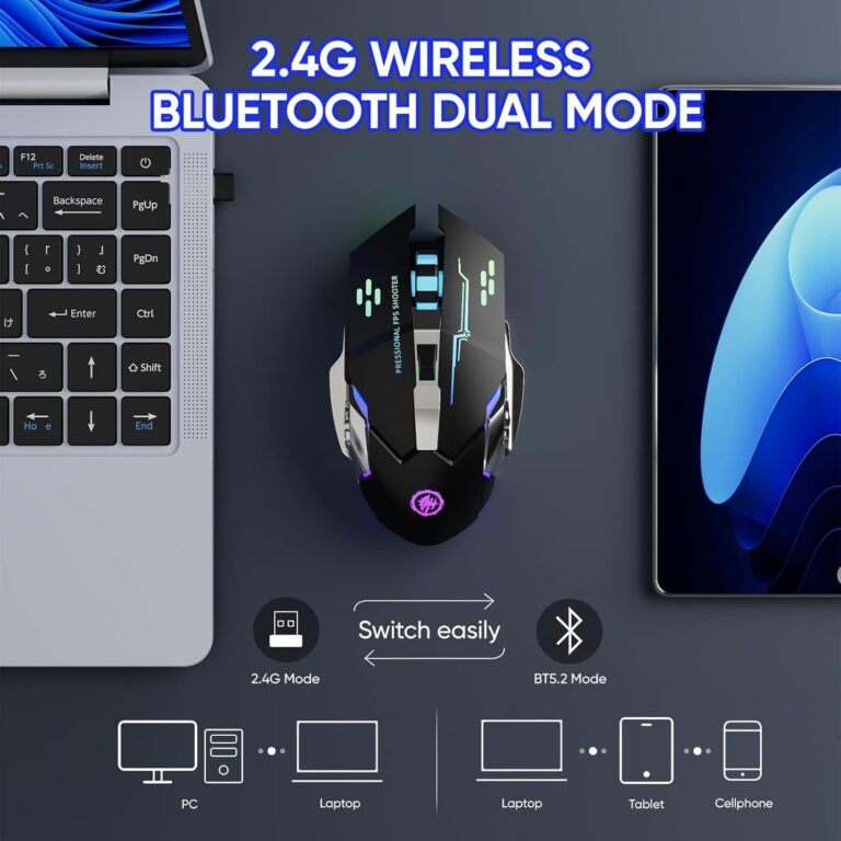 Wireless Gaming Mouse Bluetooth Mouse RGB Rechargeable 2.4G USB Cordless Computer Mice with 7 Color Backlit, 6 Buttons & Silent Click for Laptop, Ipad, Mac OS, PC, Windows -Black