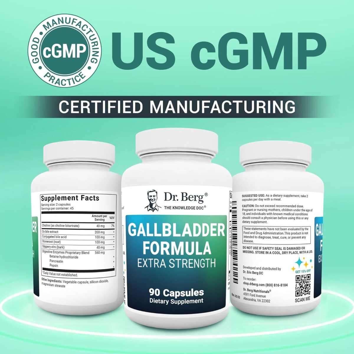 Dr. Berg Gallbladder Formula Extra Strength - Made W/Purified Bile Salts & Digestive Enzymes - Includes Carefully Selected Digestive Herbs - Full 45-Day Supply - 90 Capsules