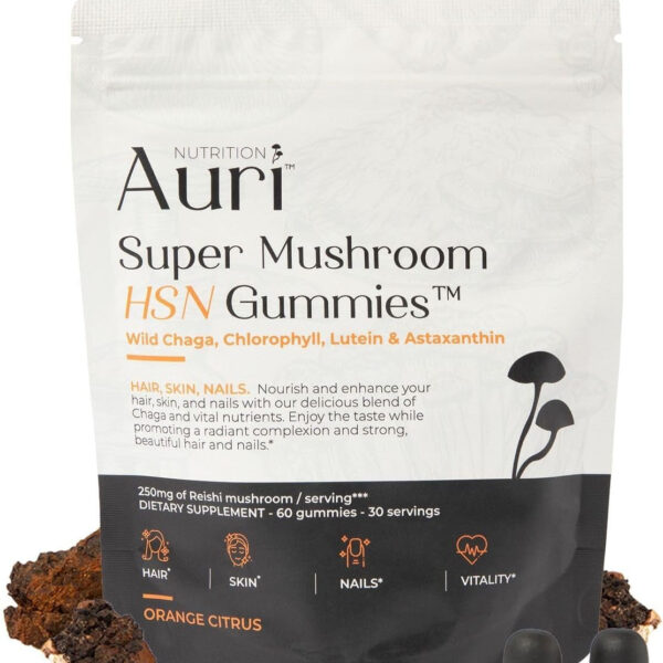 Auri Super Mushroom HSN Gummies - Hair Skin and Nails Gummies Functional Mushrooms Supplement - with Wild Chaga, Chlorophyll, Lutein and Astaxanthin - 60 Orange Citrus Gummies