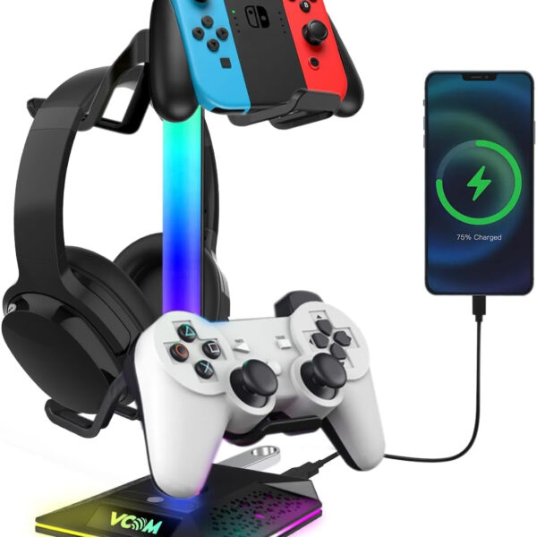 RGB Gaming Headphones Stand with 2 USB Ports Headset Stand with 10 Light Modes and Non-Slip Rubber, Suitable for All Earphone Accessories, Best Gift for Husband, Kids, Boyfriend