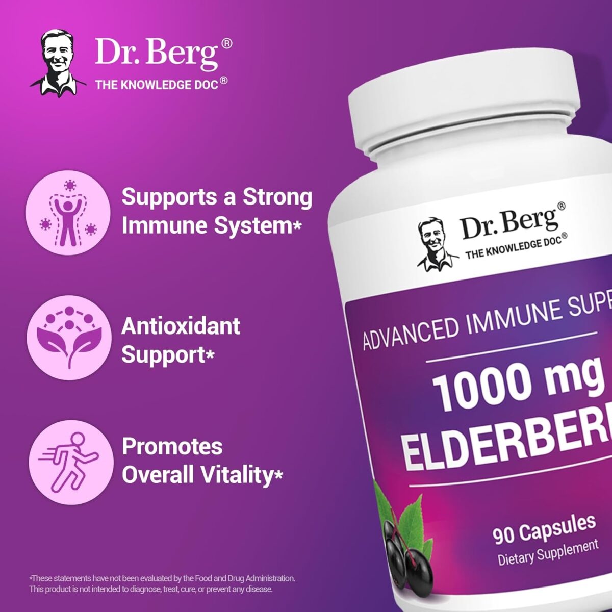 Dr. Berg Black Elderberry Capsules (Advanced Immune Support*) with 15,000 IU Vitamin D, 60 Mg of Zinc, & 90 Mg of Camu Camu - (4-In-1) Sambucus Elderberry Immune Support Supplement - 90 Capsules