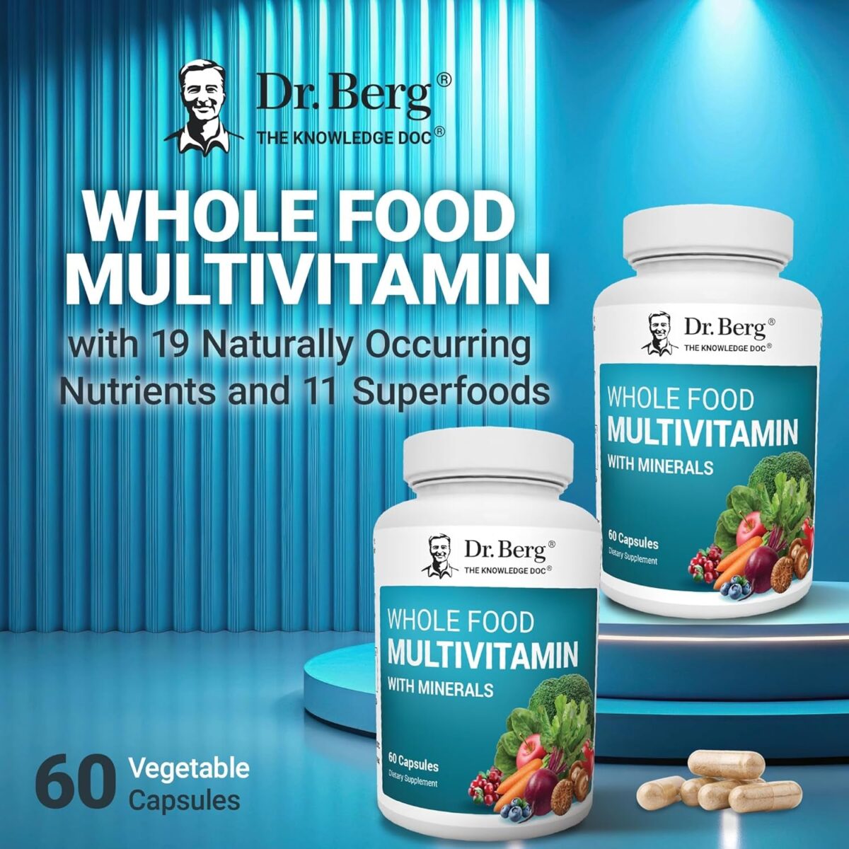 Dr. Berg Whole Food Multivitamin with Minerals - Daily Multivitamin for Men and Women - Includes Premium Whole Food Fruits and Vegetable Blend with Folate, Alpha-Lipoic Acid and More - 60 Capsules