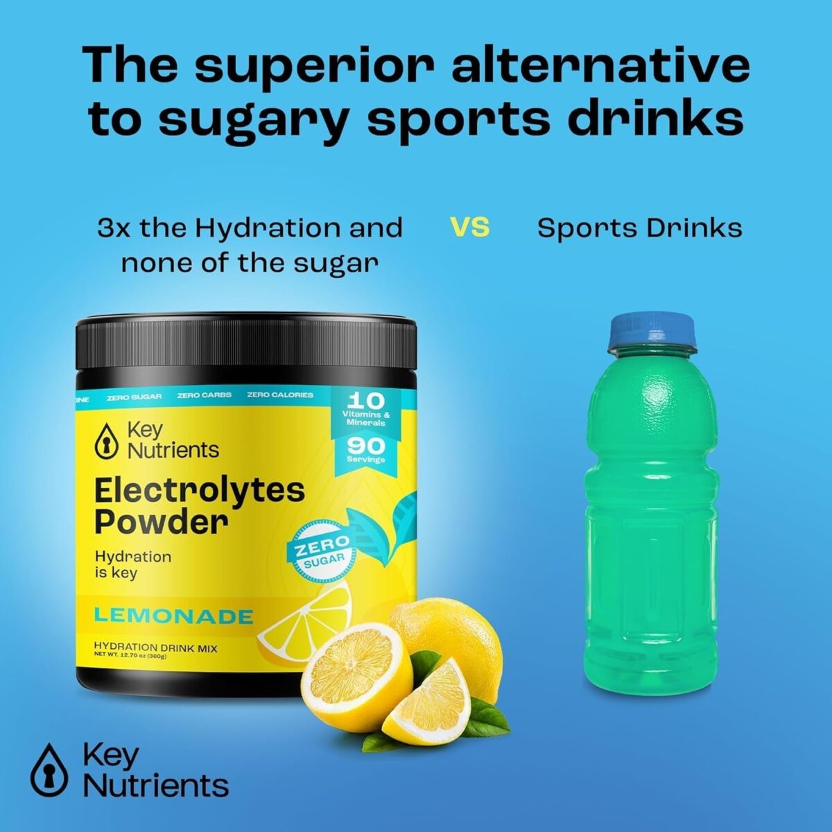 KEY NUTRIENTS Multivitamin Electrolytes Powder No Sugar - Refreshing Lemonade Electrolyte Powder - Sodium & Energy Supplement - Hydration Powder - No Calories - 90 Servings - Made in USA
