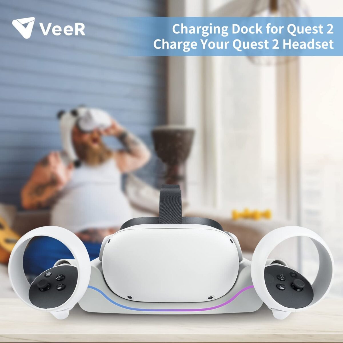 Veer Charging Dock for Quest 2,VR Headset Charging Stand Compatible with Meta Quest 2 Accessories Wall Mount Charger Station, USB-C Link Cable - White