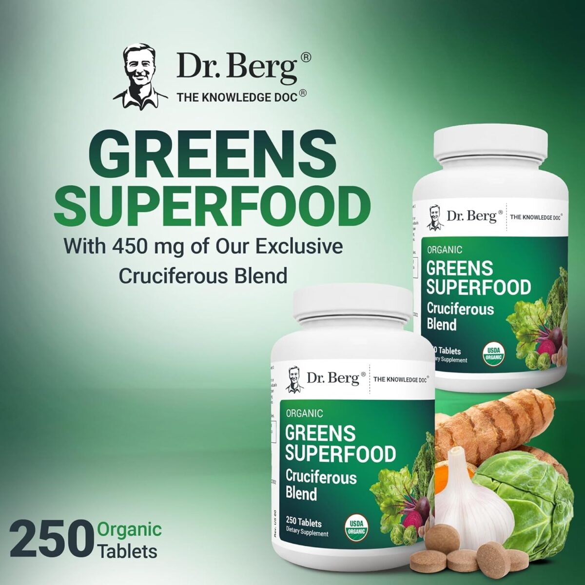 Dr. Berg'S Greens Superfood Cruciferous Vegetable Tablets - Vegetable Supplements for Adults W/ 11 Phytonutrient Super Greens Tablets - Energy, Immune System & Liver Veggie Tablets - 250 Tablets