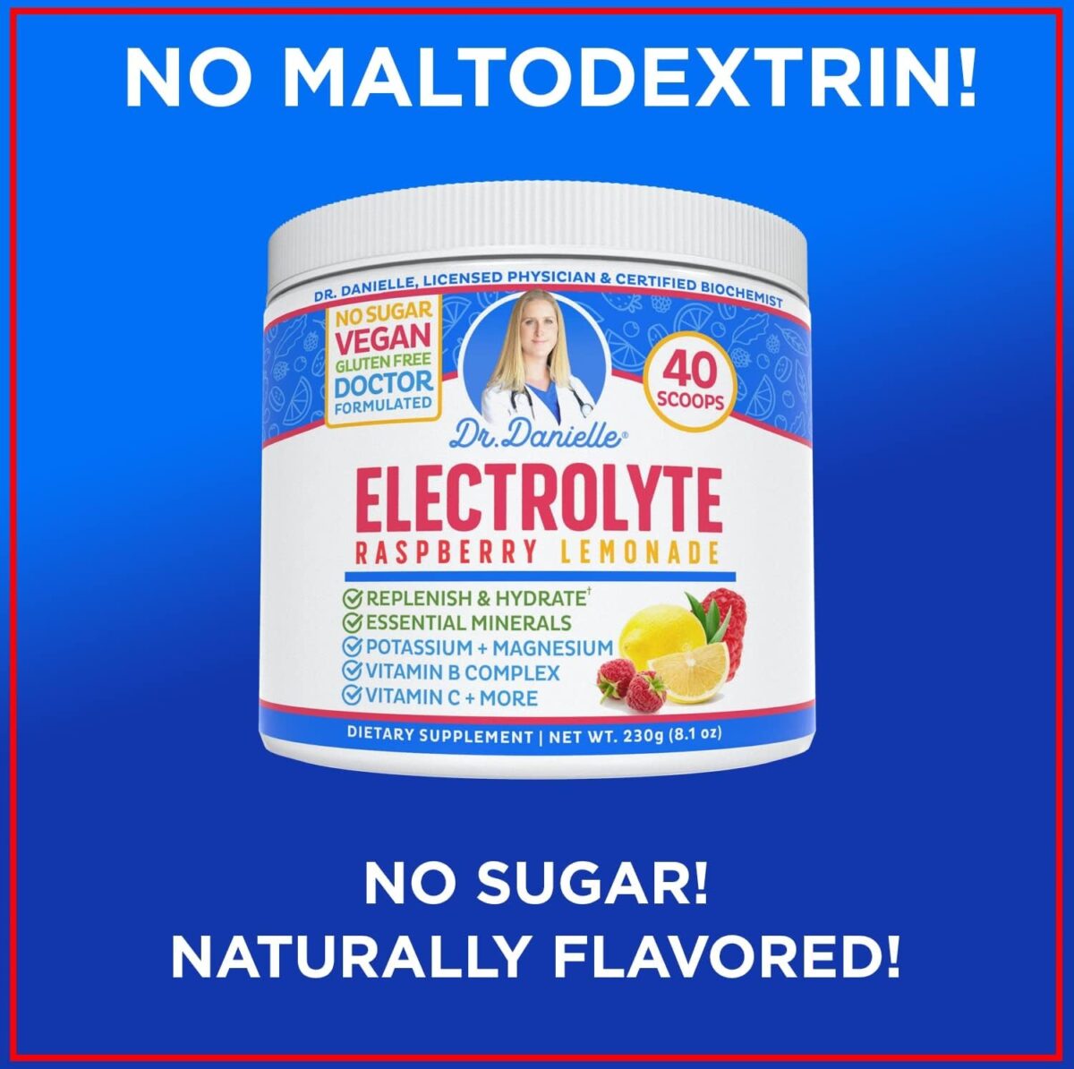 Dr. Danielle'S Original Electrolyte Powder - Hydration Drink Mix Supplement - Boosts Energy & Keto-Friendly - No Maltodextrin & Sugar Free - Raspberry Lemonade Flavor