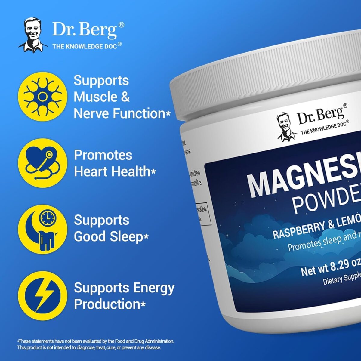 Dr. Berg Magnesium Glycinate Powder for Sleep, Relaxation, & Stress Relief - Raspberry & Lemon Flavor (50 Servings) Magnesium Powder - Magnesium Drink Powder, Ideal for Bedtime Support & Calming