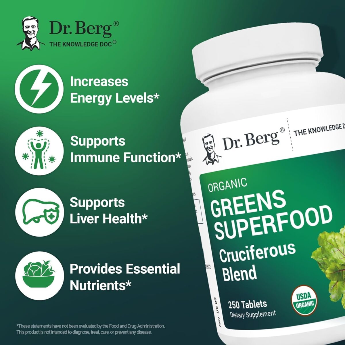 Dr. Berg'S Greens Superfood Cruciferous Vegetable Tablets - Vegetable Supplements for Adults W/ 11 Phytonutrient Super Greens Tablets - Energy, Immune System & Liver Veggie Tablets - 250 Tablets