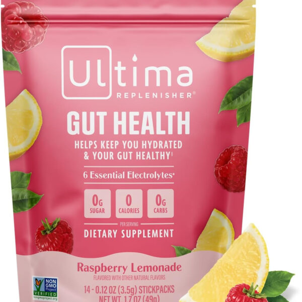 Ultima Replenisher Gut Health Supplement & Electrolytes Powder - Raspberry Lemonade, 14 Stickpacks - Hydration Packets with Added Gut Health Benefits