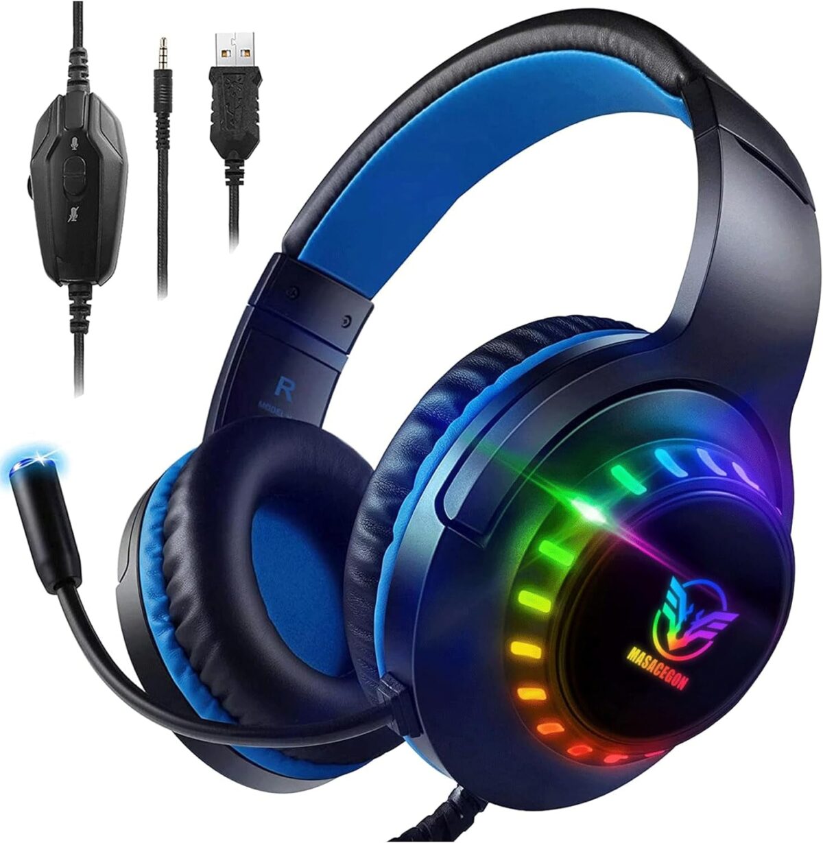 Pacrate Gaming Headset for Ps5/Ps4/Xbox One/Nintendo Switch/Pc/Mac, PS5 Headset with Microphone Xbox Headset with LED Lights, Noise Cancelling PS4 Headset for Kids Adults - Blue