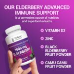 Dr. Berg Black Elderberry Capsules (Advanced Immune Support*) with 15,000 IU Vitamin D, 60 Mg of Zinc, & 90 Mg of Camu Camu - (4-In-1) Sambucus Elderberry Immune Support Supplement - 90 Capsules