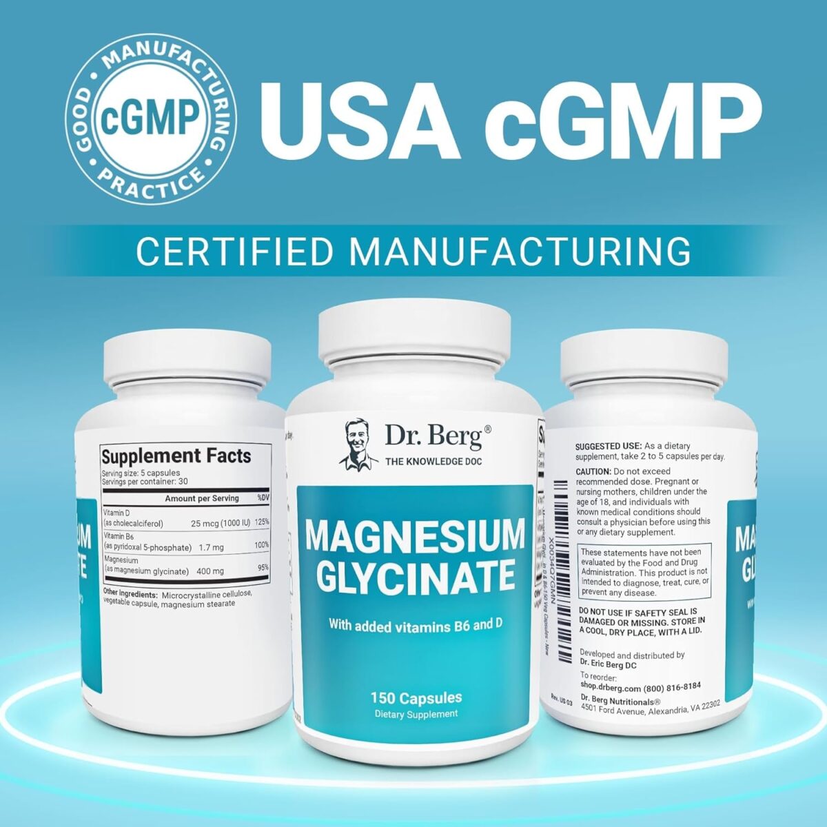 Dr. Berg Magnesium Glycinate 400 Mg – Chelated Magnesium Supplement with Vitamin D and B6 for Stress Support, Relaxation, and Good Sleep – 150 Vegetable Capsules High Absorption for Overall Wellness