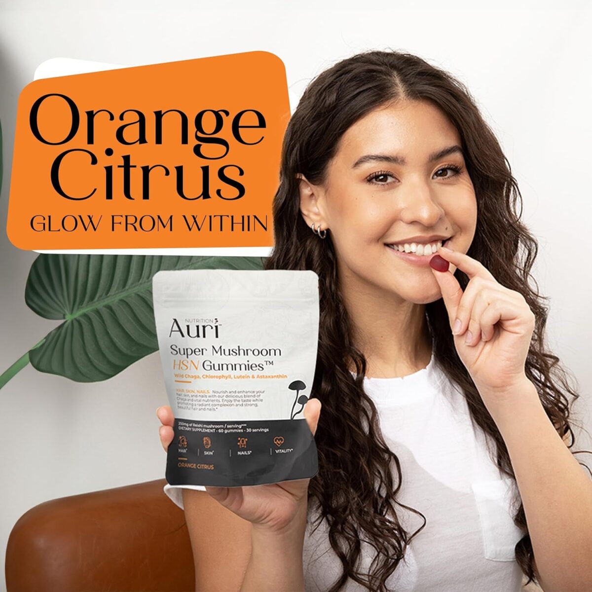 Auri Super Mushroom HSN Gummies - Hair Skin and Nails Gummies Functional Mushrooms Supplement - with Wild Chaga, Chlorophyll, Lutein and Astaxanthin - 60 Orange Citrus Gummies