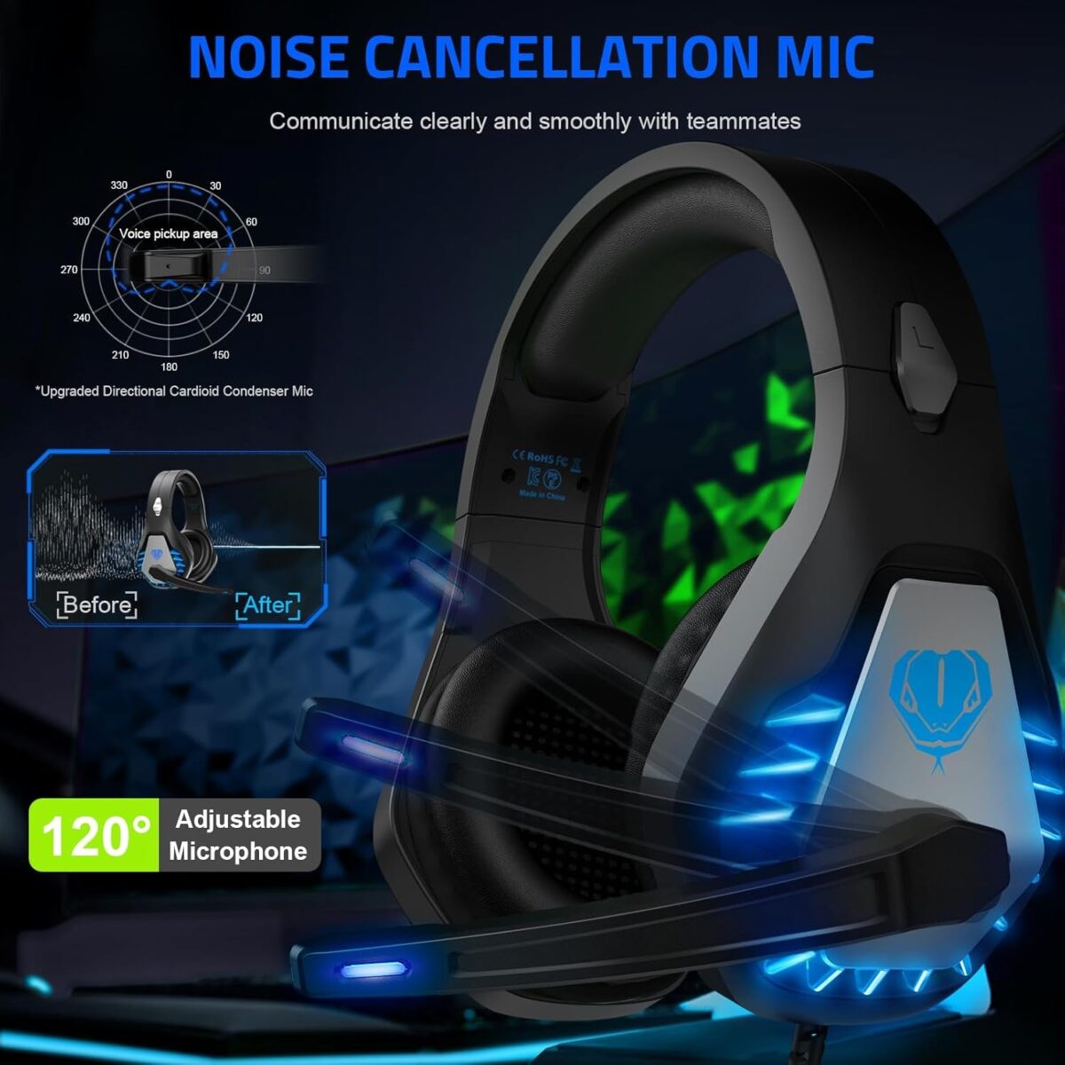 Gaming Headset with Microphone for PC PS4 PS5 Headset Noise Cancelling Gaming Headphones for Laptop Mac Switch Xbox One Headset with LED Lights Deep Bass for Kids Adults Deep Black